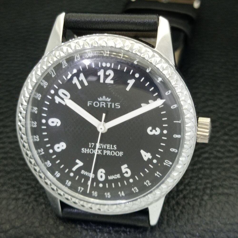 Vintage 1982 Fortis Manual Mens Silver Watch W/Leather Strap & Black accents - Picture 3 of 9
